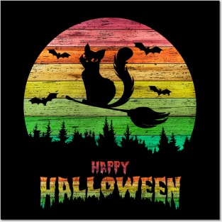 Vintage Halloween Cat Witch Posters and Art